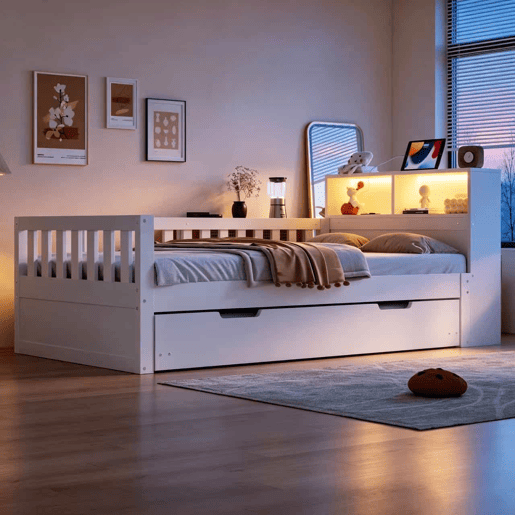Cama infantil 90x200 cm - cama extraível, arrumação, tomada e LED, barreira de segurança - Branco