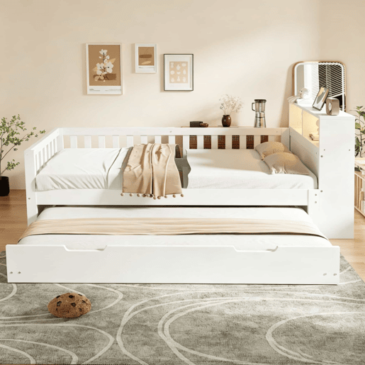Cama infantil 90x200 cm - cama extraível, arrumação, tomada e LED, barreira de segurança - Branco