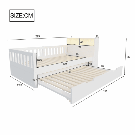 Cama infantil 90x200 cm - cama extraível, arrumação, tomada e LED, barreira de segurança - Branco