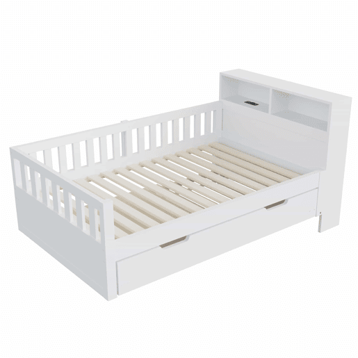 Cama infantil 90x200 cm - cama extraível, arrumação, tomada e LED, barreira de segurança - Branco