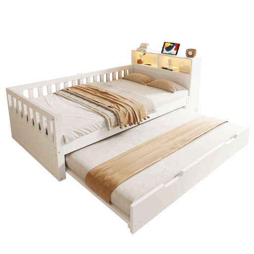Cama infantil 90x200 cm - cama extraível, arrumação, tomada e LED, barreira de segurança - Branco
