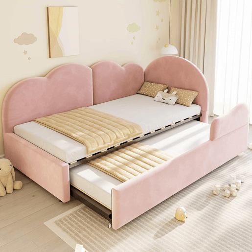 Sofá-cama de canto 90x200+90x190 - Cama extensível com cabeceira em forma de nuvem, design compacto e multifuncional - Rosa