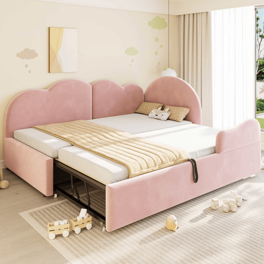 Sofá-cama de canto 90x200+90x190 - Cama extensível com cabeceira em forma de nuvem, design compacto e multifuncional - Rosa