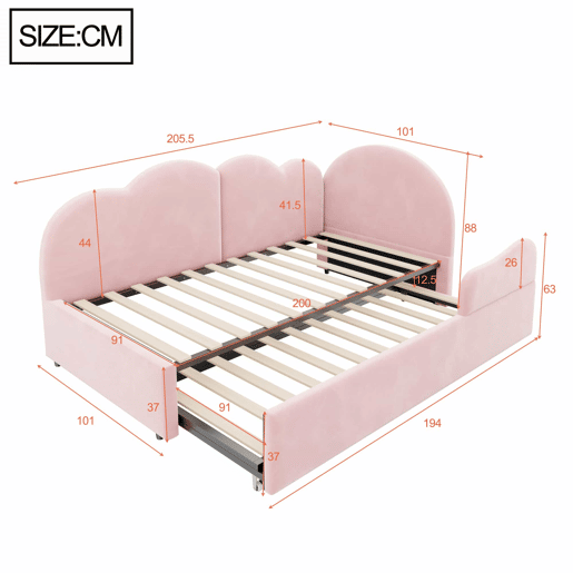 Sofá-cama de canto 90x200+90x190 - Cama extensível com cabeceira em forma de nuvem, design compacto e multifuncional - Rosa