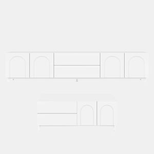 Conjunto de sala de estar de 2 peças - portas arqueadas, pés de aço e arrumação em MDF - Branco