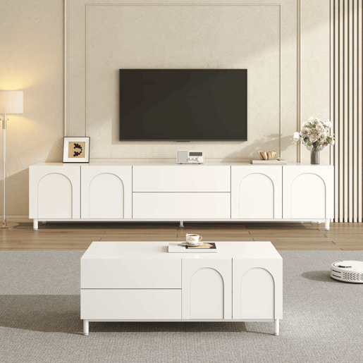 Conjunto de sala de estar de 2 peças - portas arqueadas, pés de aço e arrumação em MDF - Branco Conjunto de sala de estar de 2 peças - portas arqueadas, pés de aço e arrumação em MDF - Branco