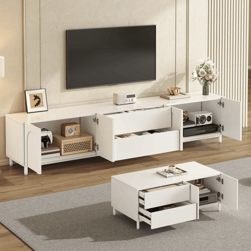 Conjunto de sala de estar de 2 peças - portas arqueadas, pés de aço e arrumação em MDF - Branco Conjunto de sala de estar de 2 peças - portas arqueadas, pés de aço e arrumação em MDF - Branco