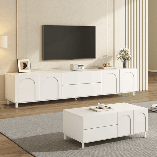 Conjunto de sala de estar de 2 peças - portas arqueadas, pés de aço e arrumação em MDF - Branco Conjunto de sala de estar de 2 peças - portas arqueadas, pés de aço e arrumação em MDF - Branco