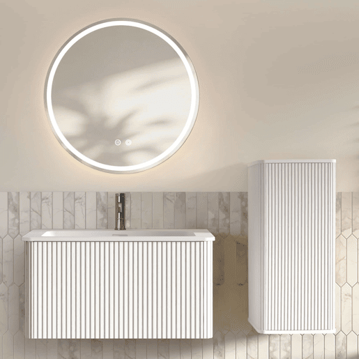 Conjunto de móveis de casa de banho de 81 cm - Suspenso com lavatório, espelho LED redondo, moderno com armário auxiliar - Branco Conjunto de móveis de casa de banho de 81 cm - Suspenso com lavatório, espelho LED redondo, moderno com armário auxiliar - Branco