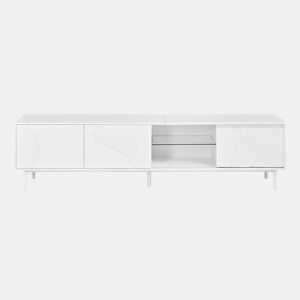 Móvel de TV de 180 cm com 3 portas de correr - MDF com prateleira de vidro, LED regulável por app, pés finos de aço, estilo minimalista - Branco