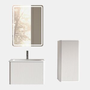 Conjunto de móveis de casa de banho de 61 cm - Suspenso com lavatório, espelho LED quadrado e armário auxiliar moderno - Branco