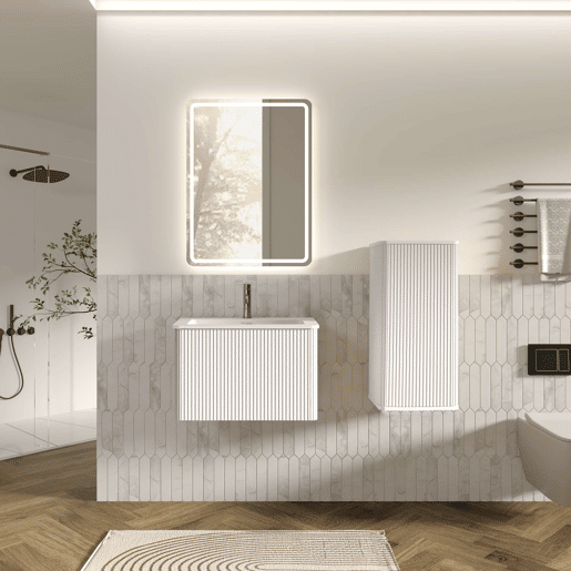 Conjunto de móveis de casa de banho de 61 cm - Suspenso com lavatório, espelho LED quadrado e armário auxiliar moderno - Branco Conjunto de móveis de casa de banho de 61 cm - Suspenso com lavatório, espelho LED quadrado e armário auxiliar moderno - Branco