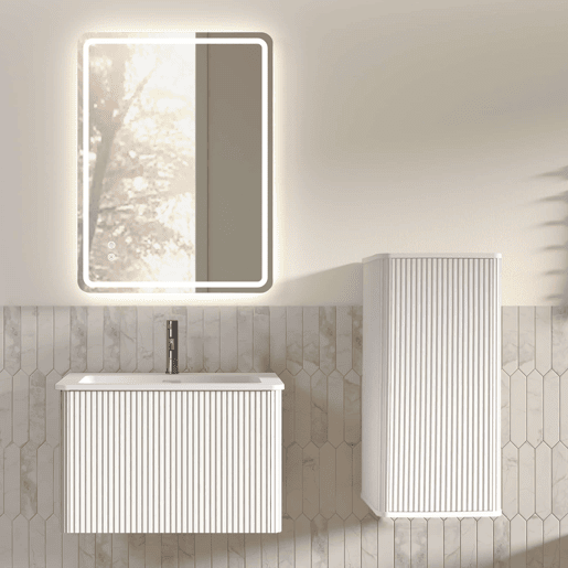 Conjunto de móveis de casa de banho de 61 cm - Suspenso com lavatório, espelho LED quadrado e armário auxiliar moderno - Branco Conjunto de móveis de casa de banho de 61 cm - Suspenso com lavatório, espelho LED quadrado e armário auxiliar moderno - Branco