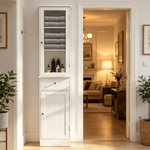 Armário de casa de banho alto 40x27x171,5 cm - moderno com arrumação vertical - Branco Armário de casa de banho alto 40x27x171,5 cm - moderno com arrumação vertical - Branco