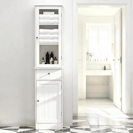 Armário de casa de banho alto 40x27x171,5 cm - moderno com arrumação vertical - Branco Armário de casa de banho alto 40x27x171,5 cm - moderno com arrumação vertical - Branco