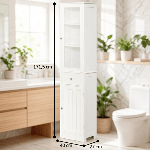 Armário de casa de banho alto 40x27x171,5 cm - moderno com arrumação vertical - Branco Armário de casa de banho alto 40x27x171,5 cm - moderno com arrumação vertical - Branco