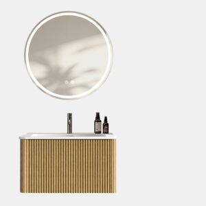 Conjunto de mobiliário de casa de banho de 81 cm u2013 suspenso com lavatório, espelho redondo com iluminação LED e armário auxiliar moderno u2013 carvalho