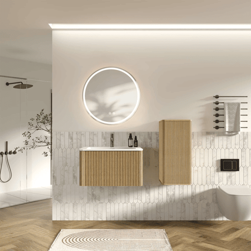 Conjunto de mobiliário de casa de banho de 81 cm u2013 suspenso com lavatório, espelho redondo com iluminação LED e armário auxiliar moderno u2013 carvalho Conjunto de mobiliário de casa de banho de 81 cm u2013 suspenso com lavatório, espelho redondo com iluminação LED e armário auxiliar moderno u2013 carvalho
