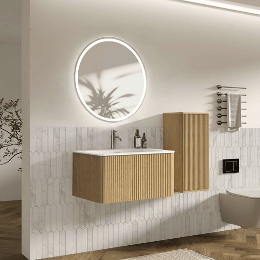 Conjunto de mobiliário de casa de banho de 81 cm u2013 suspenso com lavatório, espelho redondo com iluminação LED e armário auxiliar moderno u2013 carvalho Conjunto de mobiliário de casa de banho de 81 cm u2013 suspenso com lavatório, espelho redondo com iluminação LED e armário auxiliar moderno u2013 carvalho