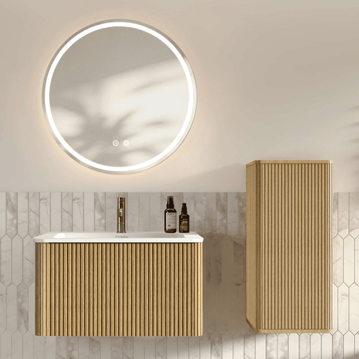 Conjunto de mobiliário de casa de banho de 81 cm u2013 suspenso com lavatório, espelho redondo com iluminação LED e armário auxiliar moderno u2013 carvalho Conjunto de mobiliário de casa de banho de 81 cm u2013 suspenso com lavatório, espelho redondo com iluminação LED e armário auxiliar moderno u2013 carvalho
