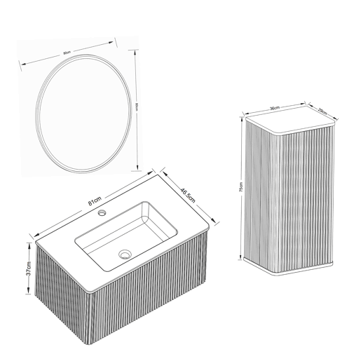 Conjunto de mobiliário de casa de banho de 81 cm u2013 suspenso com lavatório, espelho redondo com iluminação LED e armário auxiliar moderno u2013 carvalho Conjunto de mobiliário de casa de banho de 81 cm u2013 suspenso com lavatório, espelho redondo com iluminação LED e armário auxiliar moderno u2013 carvalho