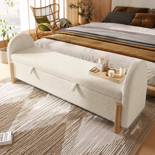 Banco com arrumação de 186 cm - arrumação hidráulica, assento estofado em chenille bouclé, fecho suave - branco Banco com arrumação de 186 cm - arrumação hidráulica, assento estofado em chenille bouclé, fecho suave - branco