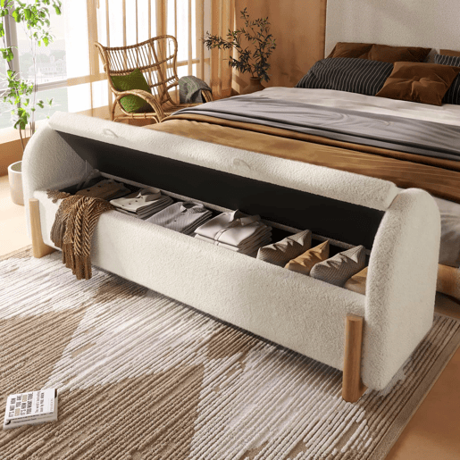 Banco com arrumação de 186 cm - arrumação hidráulica, assento estofado em chenille bouclé, fecho suave - branco Banco com arrumação de 186 cm - arrumação hidráulica, assento estofado em chenille bouclé, fecho suave - branco