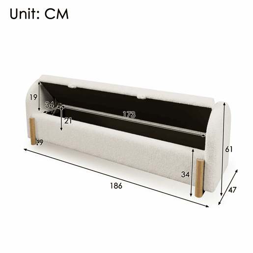 Banco com arrumação de 186 cm - arrumação hidráulica, assento estofado em chenille bouclé, fecho suave - branco Banco com arrumação de 186 cm - arrumação hidráulica, assento estofado em chenille bouclé, fecho suave - branco