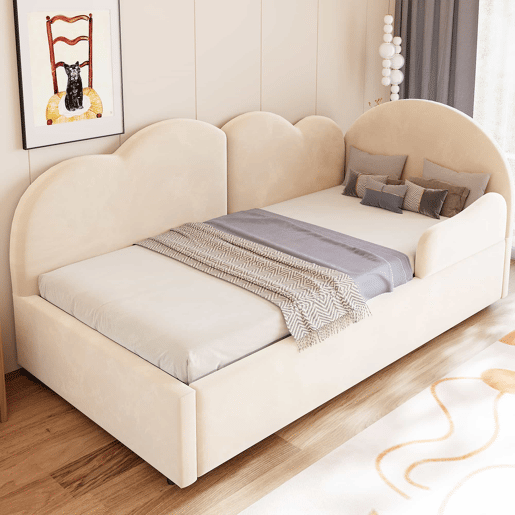 Sofá-cama de canto 90x200+90x190 cm - Design em L com encosto em forma de nuvem, poupa espaço, transforma-se em cama infantil ou de hóspedes - Bege Sofá-cama de canto 90x200+90x190 cm - Design em L com encosto em forma de nuvem, poupa espaço, transforma-se em cama infantil ou de hóspedes - Bege