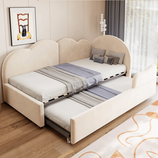 Sofá-cama de canto 90x200+90x190 cm - Design em L com encosto em forma de nuvem, poupa espaço, transforma-se em cama infantil ou de hóspedes - Bege Sofá-cama de canto 90x200+90x190 cm - Design em L com encosto em forma de nuvem, poupa espaço, transforma-se em cama infantil ou de hóspedes - Bege