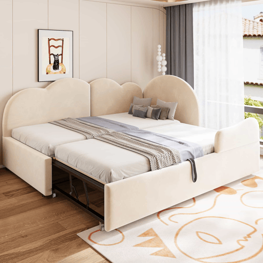 Sofá-cama de canto 90x200+90x190 cm - Design em L com encosto em forma de nuvem, poupa espaço, transforma-se em cama infantil ou de hóspedes - Bege Sofá-cama de canto 90x200+90x190 cm - Design em L com encosto em forma de nuvem, poupa espaço, transforma-se em cama infantil ou de hóspedes - Bege
