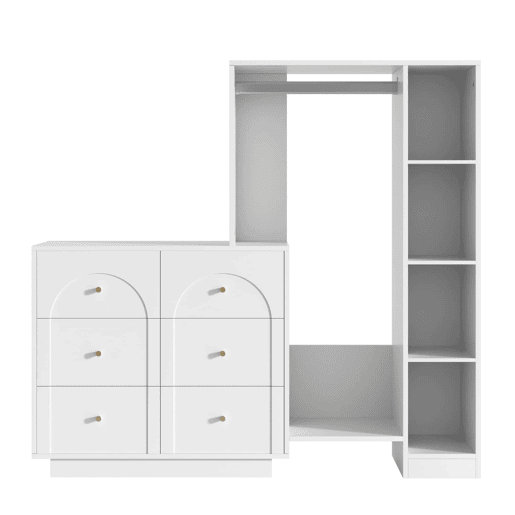 Roupeiro 139 x 35 x 133 cm - aberto, com varão para pendurar, 6 gavetas e prateleiras laterais, multifuncional - branco