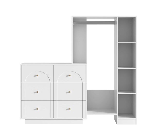 Armario ropero 139x35x133 cm - abierto con barra para colgar, 6 cajones y estantes laterales, multifuncional - blanco