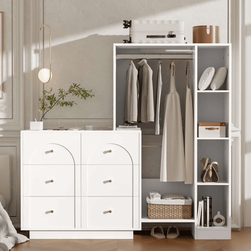 Roupeiro 139 x 35 x 133 cm - aberto, com varão para pendurar, 6 gavetas e prateleiras laterais, multifuncional - branco