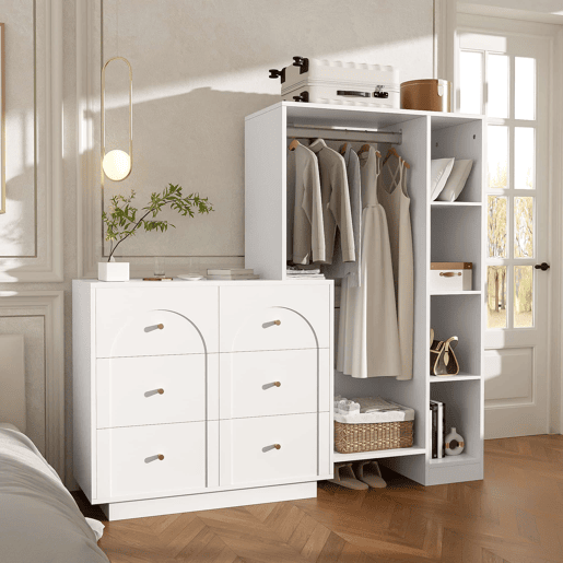 Roupeiro 139 x 35 x 133 cm - aberto, com varão para pendurar, 6 gavetas e prateleiras laterais, multifuncional - branco