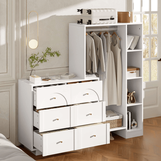 Roupeiro 139 x 35 x 133 cm - aberto, com varão para pendurar, 6 gavetas e prateleiras laterais, multifuncional - branco