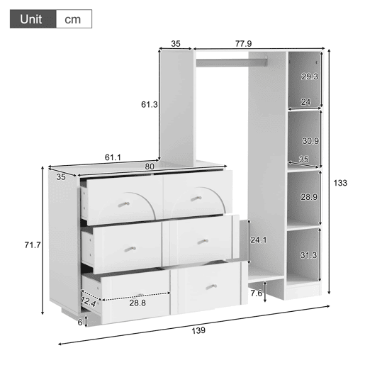 Roupeiro 139 x 35 x 133 cm - aberto, com varão para pendurar, 6 gavetas e prateleiras laterais, multifuncional - branco
