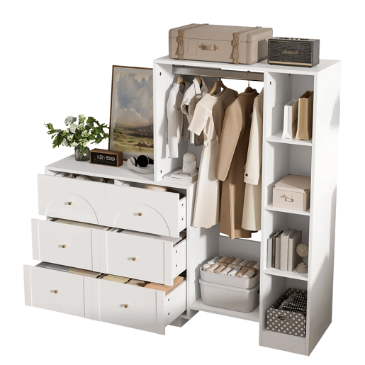 Roupeiro 139 x 35 x 133 cm - aberto, com varão para pendurar, 6 gavetas e prateleiras laterais, multifuncional - branco