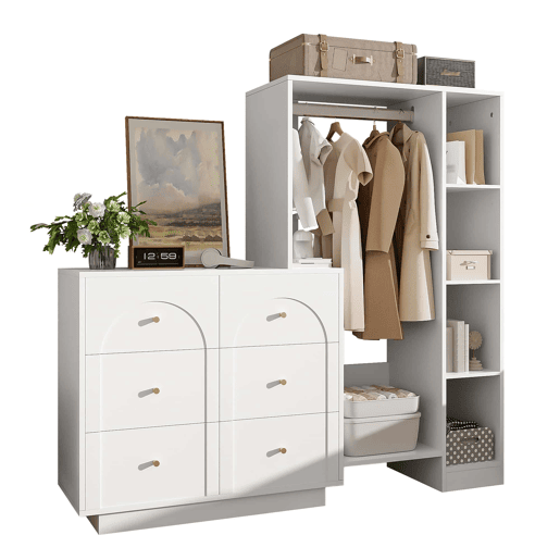 Roupeiro 139 x 35 x 133 cm - aberto, com varão para pendurar, 6 gavetas e prateleiras laterais, multifuncional - branco