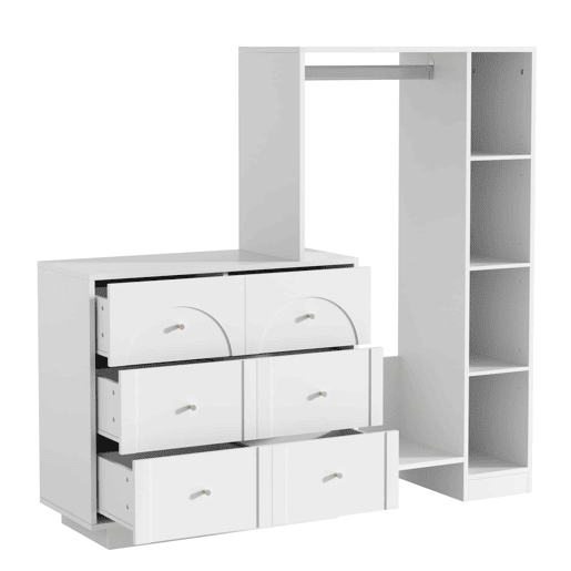 Roupeiro 139 x 35 x 133 cm - aberto, com varão para pendurar, 6 gavetas e prateleiras laterais, multifuncional - branco