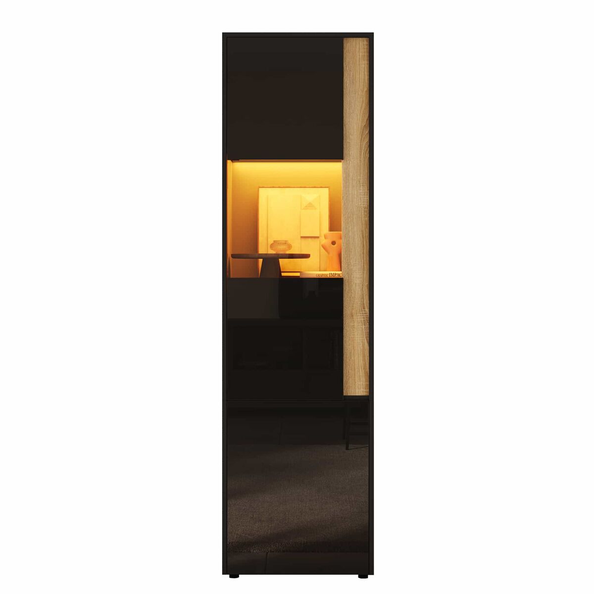 Vitrina 50x40x179 cm - armario alto con 2 puertas, iluminación led y puerta de acrílico - negro+natural