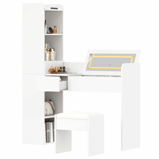 Penteadeira com espelho LED u2014 com porta USB, banco, gaveta e armário lateral de arrumação u2014 Branco Penteadeira com espelho LED u2014 com porta USB, banco, gaveta e armário lateral de arrumação u2014 Branco