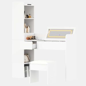 Penteadeira com espelho LED u2014 com porta USB, banco, gaveta e armário lateral de arrumação u2014 Branco