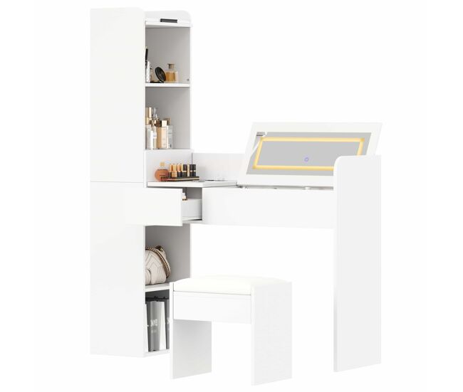 Tocador con espejo led - con usb, taburete, cajón y armario lateral de almacenamiento - blanco