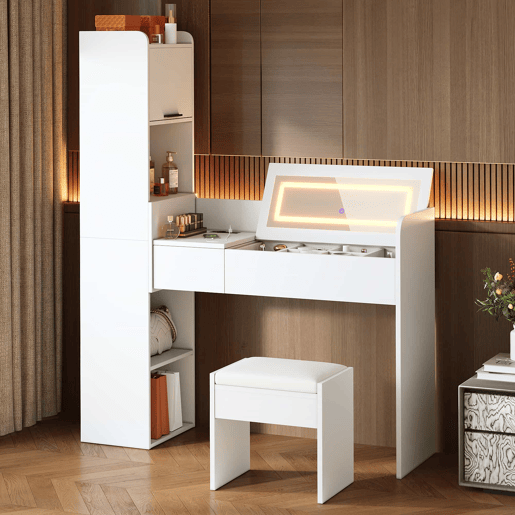 Penteadeira com espelho LED u2014 com porta USB, banco, gaveta e armário lateral de arrumação u2014 Branco Penteadeira com espelho LED u2014 com porta USB, banco, gaveta e armário lateral de arrumação u2014 Branco