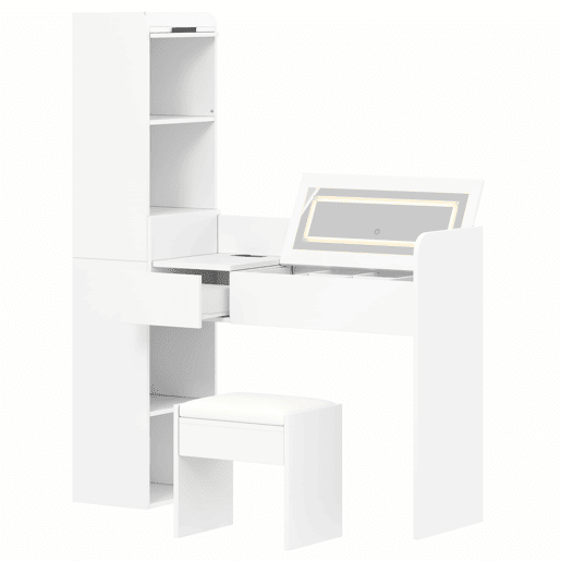 Penteadeira com espelho LED u2014 com porta USB, banco, gaveta e armário lateral de arrumação u2014 Branco Penteadeira com espelho LED u2014 com porta USB, banco, gaveta e armário lateral de arrumação u2014 Branco