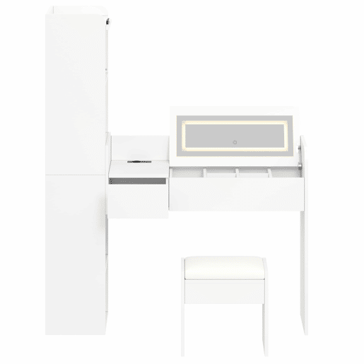 Penteadeira com espelho LED u2014 com porta USB, banco, gaveta e armário lateral de arrumação u2014 Branco Penteadeira com espelho LED u2014 com porta USB, banco, gaveta e armário lateral de arrumação u2014 Branco