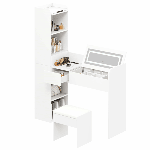 Penteadeira com espelho LED u2014 com porta USB, banco, gaveta e armário lateral de arrumação u2014 Branco Penteadeira com espelho LED u2014 com porta USB, banco, gaveta e armário lateral de arrumação u2014 Branco