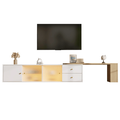 Móvel de TV de 175 cm u2013 com LED, extensível, 2 gavetas, portas de correr em vidro e prateleira lateral u2013 branco e madeira natural Móvel de TV de 175 cm u2013 com LED, extensível, 2 gavetas, portas de correr em vidro e prateleira lateral u2013 branco e madeira natural