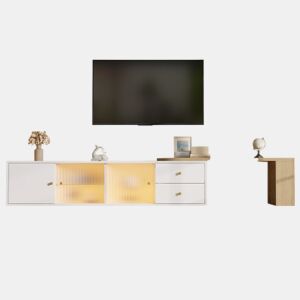 Móvel de TV de 175 cm u2013 com LED, extensível, 2 gavetas, portas de correr em vidro e prateleira lateral u2013 branco e madeira natural